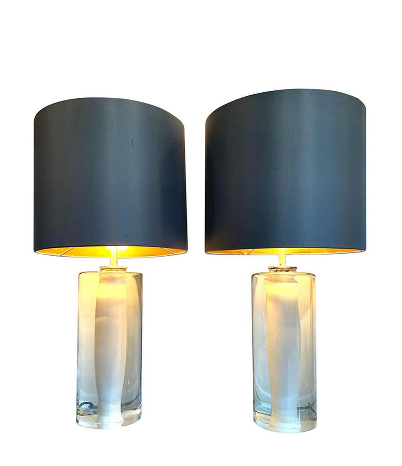 PAIR OF QUALITY 1960S GLASS LAMPS BY ORREFORS WITH WHITE AND CLEAR CENTRE BASE