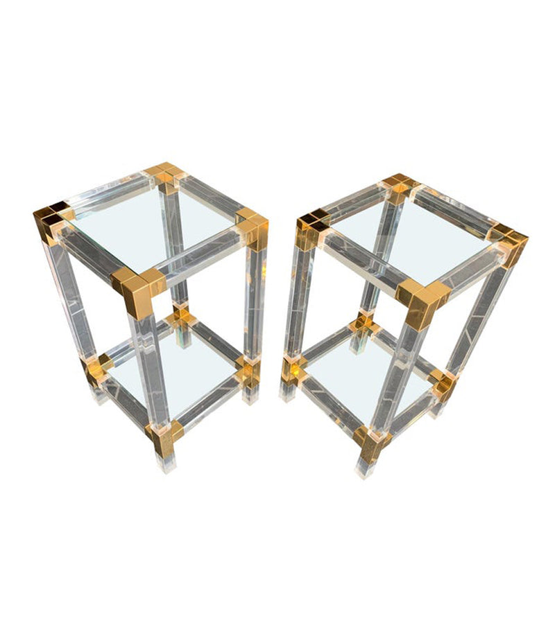 PAIR OF CHARLES HOLLIS JONES STYLE LUCITE AND GILT METAL SIDE TABLES