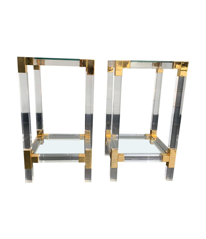 PAIR OF CHARLES HOLLIS JONES STYLE LUCITE AND GILT METAL SIDE TABLES