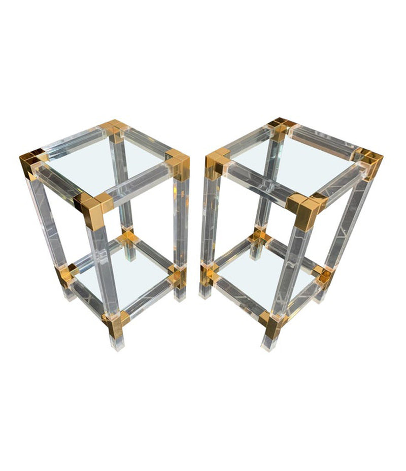 PAIR OF CHARLES HOLLIS JONES STYLE LUCITE AND GILT METAL SIDE TABLES