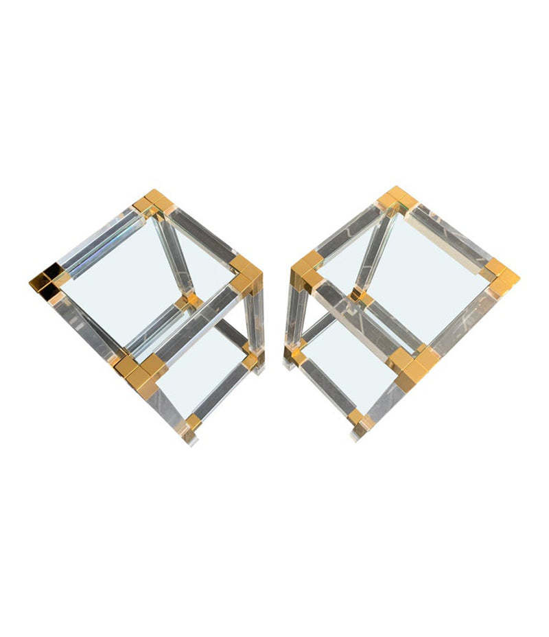 PAIR OF CHARLES HOLLIS JONES STYLE LUCITE AND GILT METAL SIDE TABLES