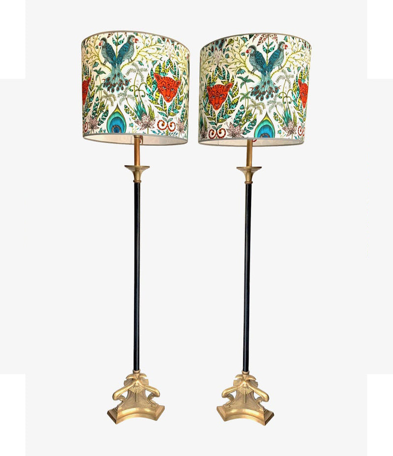 PAIR OF EMPIRE STYLE BLACK METAL AND BRASS FLOOR LAMPS WITH NEW BESPOKE SHADES