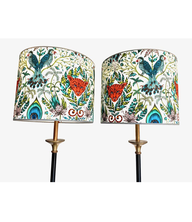 PAIR OF EMPIRE STYLE BLACK METAL AND BRASS FLOOR LAMPS WITH NEW BESPOKE SHADES