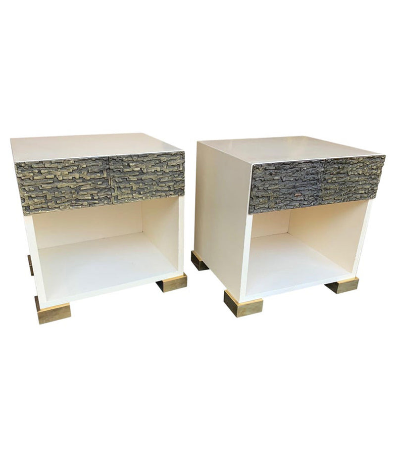 PAIR OF LUCIANO FRIGERIO BEDSIDE CABINETS WITH CAST BRUTALIST DRAWER FRONT