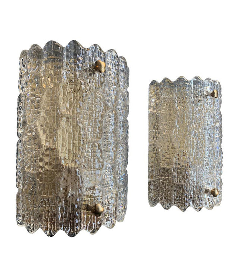 PAIR OF ORREFORS GLASS WALL SCONCES BY CARL FAGERLUND ON BRASS WALL PLATES