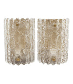 PAIR OF ORREFORS GLASS WALL SCONCES BY CARL FAGERLUND ON BRASS WALL PLATES