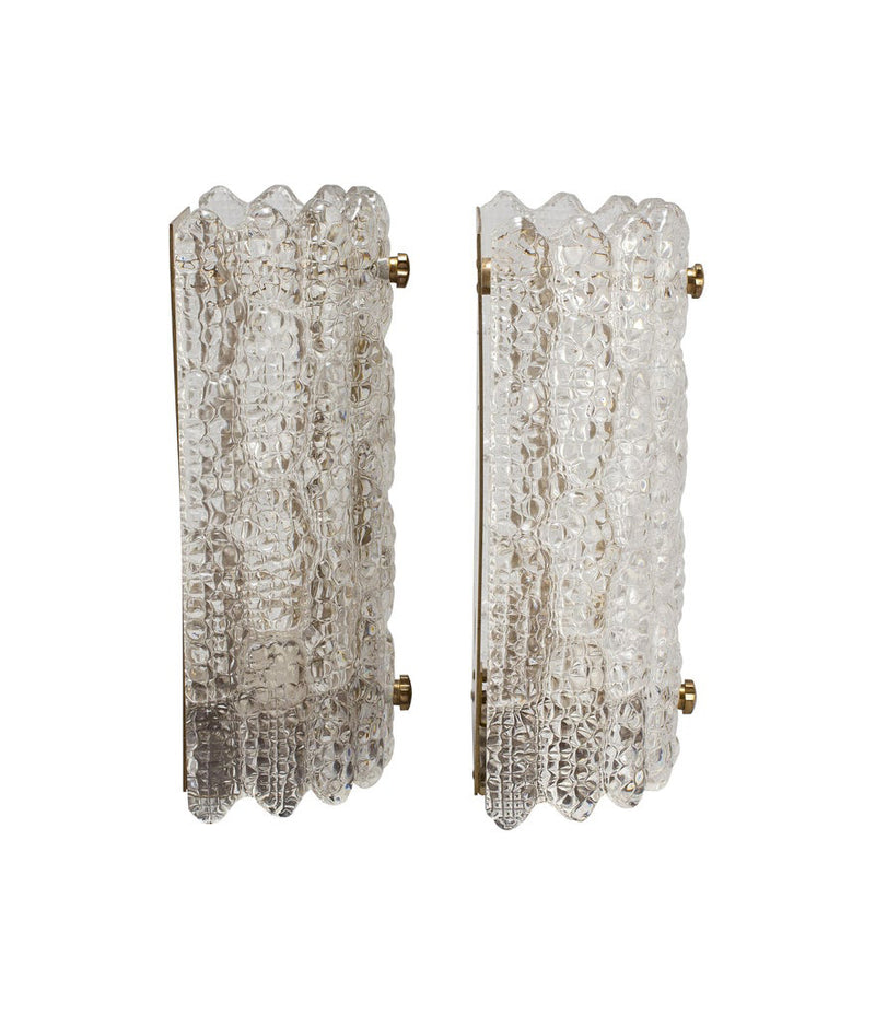 PAIR OF ORREFORS GLASS WALL SCONCES BY CARL FAGERLUND ON BRASS WALL PLATES