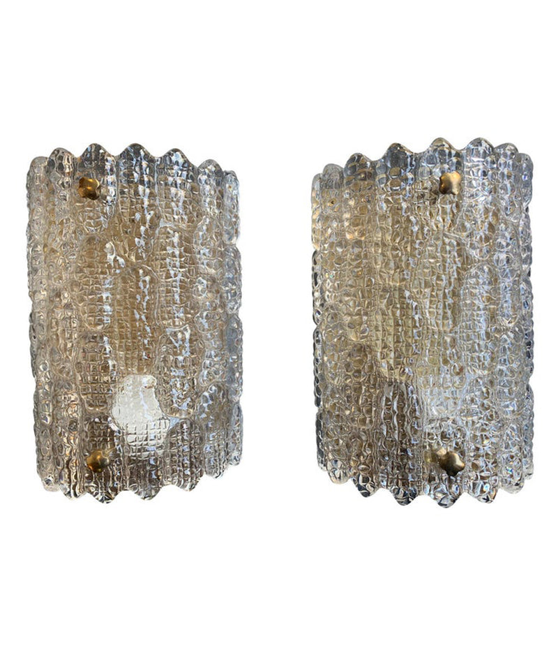 PAIR OF ORREFORS GLASS WALL SCONCES BY CARL FAGERLUND ON BRASS WALL PLATES