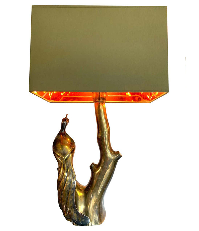 PAIR OF WILLY DARO STYLE BRASS PEACOCK LAMPS BY REGINA WITH NEW BESPOKE SHADES
