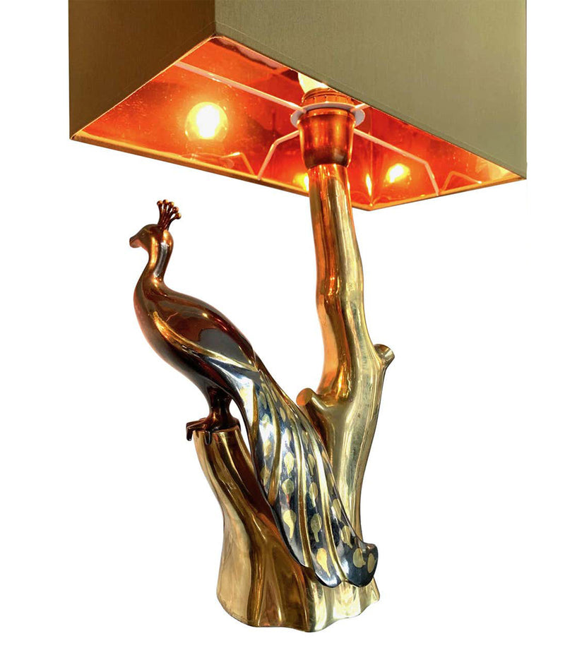 PAIR OF WILLY DARO STYLE BRASS PEACOCK LAMPS BY REGINA WITH NEW BESPOKE SHADES