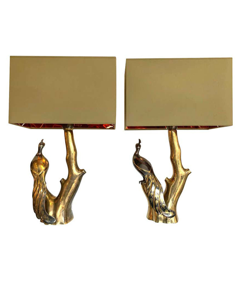 PAIR OF WILLY DARO STYLE BRASS PEACOCK LAMPS BY REGINA WITH NEW BESPOKE SHADES