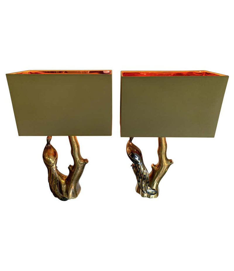 PAIR OF WILLY DARO STYLE BRASS PEACOCK LAMPS BY REGINA WITH NEW BESPOKE SHADES