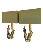 PAIR OF WILLY DARO STYLE BRASS PEACOCK LAMPS BY REGINA WITH NEW BESPOKE SHADES
