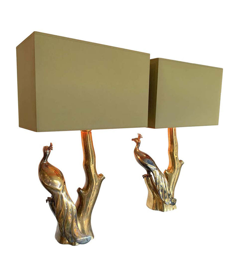 PAIR OF WILLY DARO STYLE BRASS PEACOCK LAMPS BY REGINA WITH NEW BESPOKE SHADES
