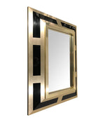 PHILIPPE JEAN BRUSHED BRASS FINISH AND BLACK LUCITE MIRROR, SIGNED