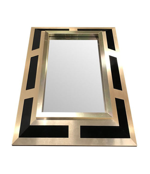 PHILIPPE JEAN BRUSHED BRASS FINISH AND BLACK LUCITE MIRROR, SIGNED