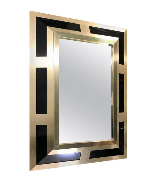 PHILIPPE JEAN BRUSHED BRASS FINISH AND BLACK LUCITE MIRROR, SIGNED