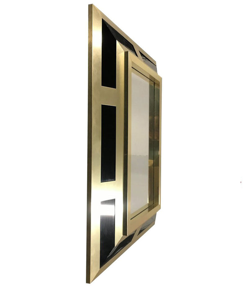 PHILIPPE JEAN BRUSHED BRASS FINISH AND BLACK LUCITE MIRROR, SIGNED