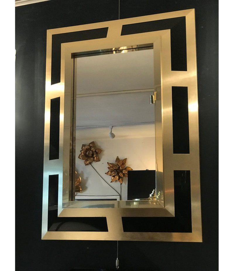 PHILIPPE JEAN BRUSHED BRASS FINISH AND BLACK LUCITE MIRROR, SIGNED