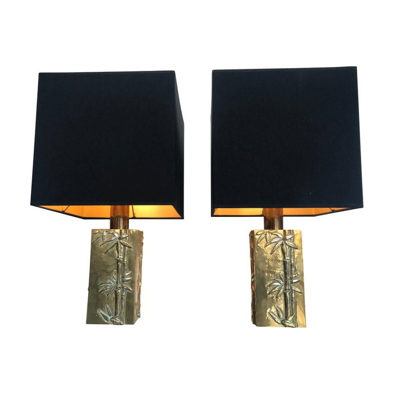 PAIR OF ITALIAN BRASS LAMPS WITH BAMBOO RELIEF DESIGN