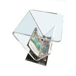 PAIR OF LUCITE AND BRASS SIDE TABLES WITH MAGAZINE RACKS