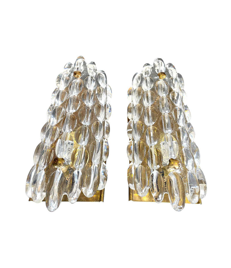 PAIR OF SWEDISH ORREFORS GLASS WALL SCONCES BY CARL FAGERLUND ON BRASS PLATES