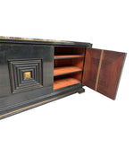 QUALITY ART DECO EBONIZED THREE-DOOR SIDEBOARD WITH NERO PORTORO MARBLE TOP