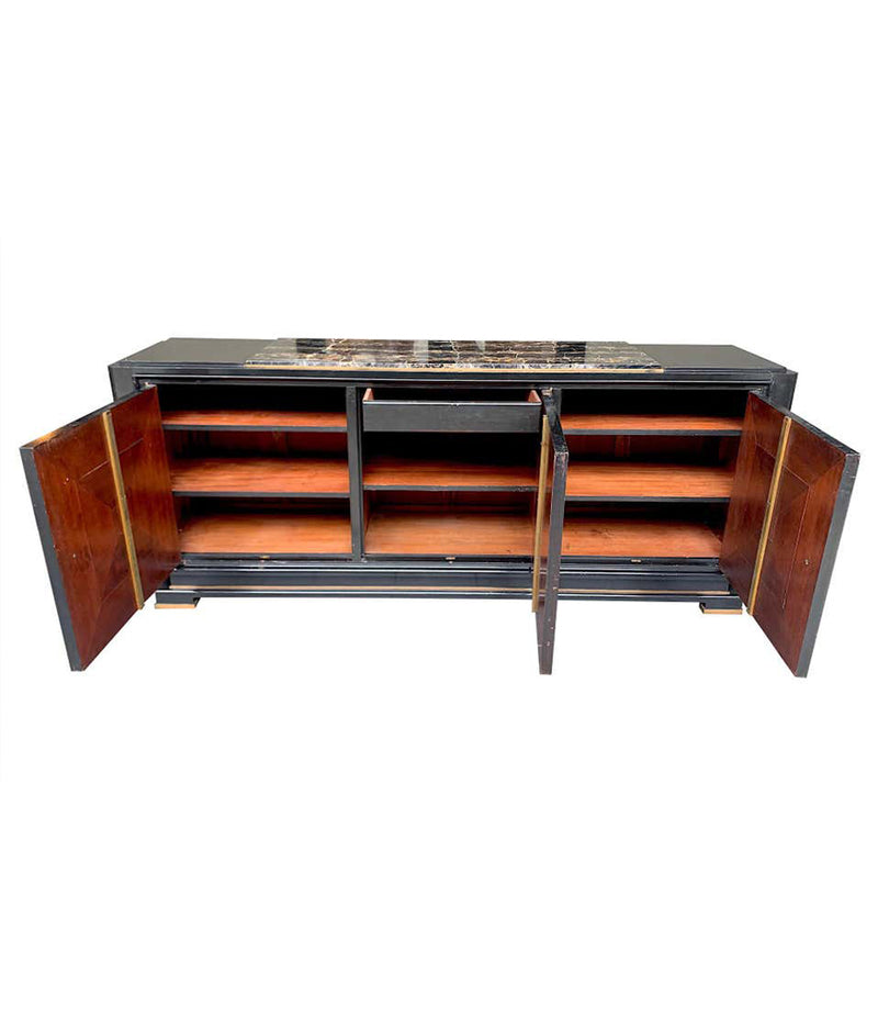 QUALITY ART DECO EBONIZED THREE-DOOR SIDEBOARD WITH NERO PORTORO MARBLE TOP