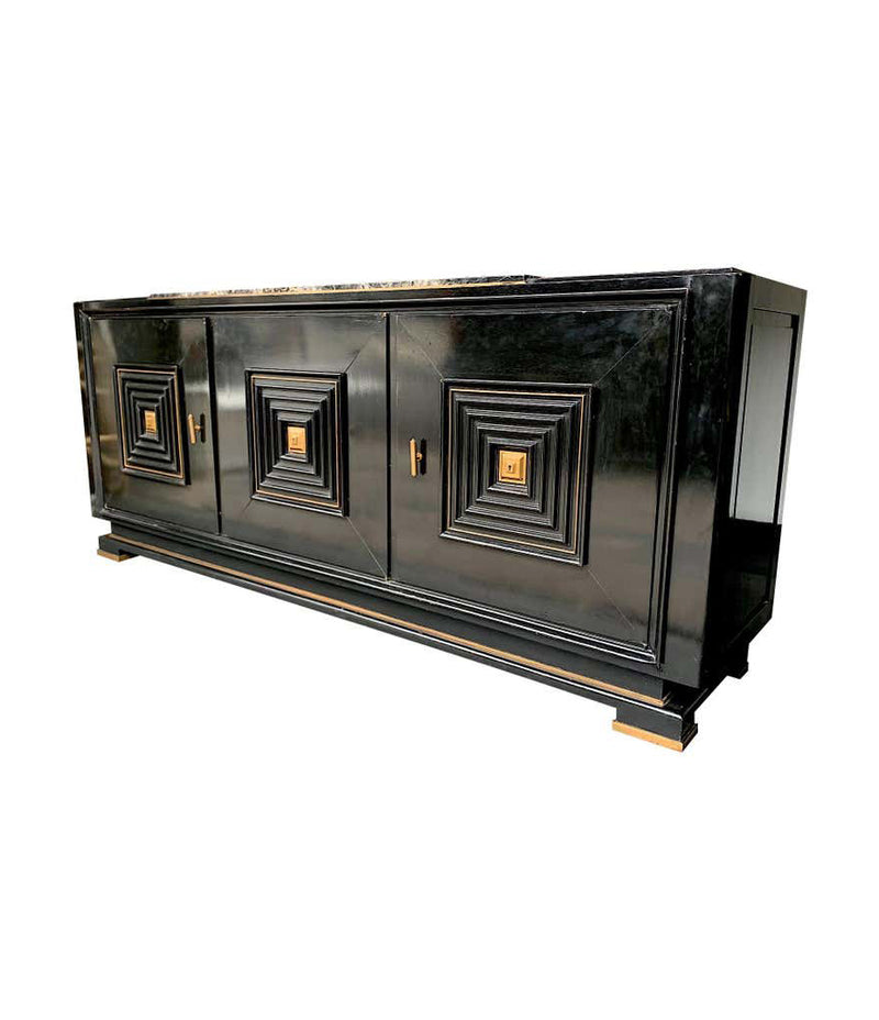 QUALITY ART DECO EBONIZED THREE-DOOR SIDEBOARD WITH NERO PORTORO MARBLE TOP