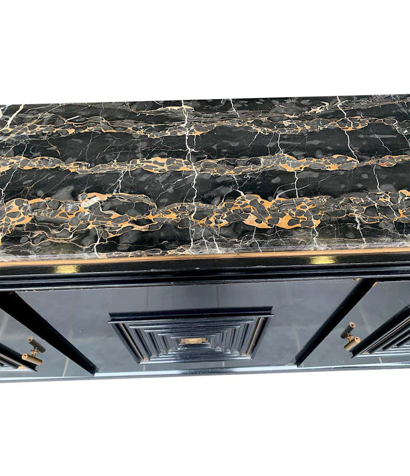 QUALITY ART DECO EBONIZED THREE-DOOR SIDEBOARD WITH NERO PORTORO MARBLE TOP