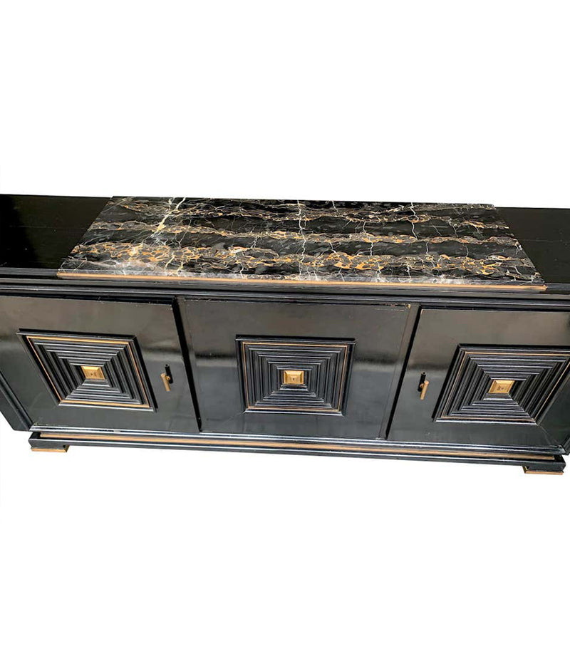 QUALITY ART DECO EBONIZED THREE-DOOR SIDEBOARD WITH NERO PORTORO MARBLE TOP