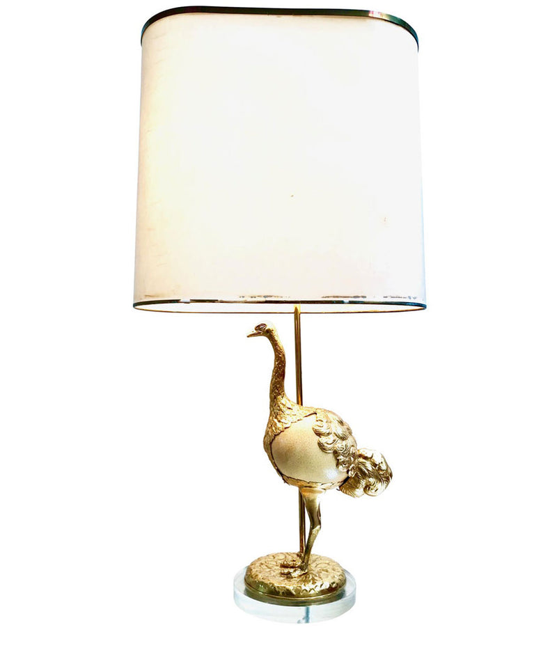 RARE GABRIELLA CRESPI GILT METAL "STRUZZO" LAMP WITH REAL OSTRICH EGG CENTRE