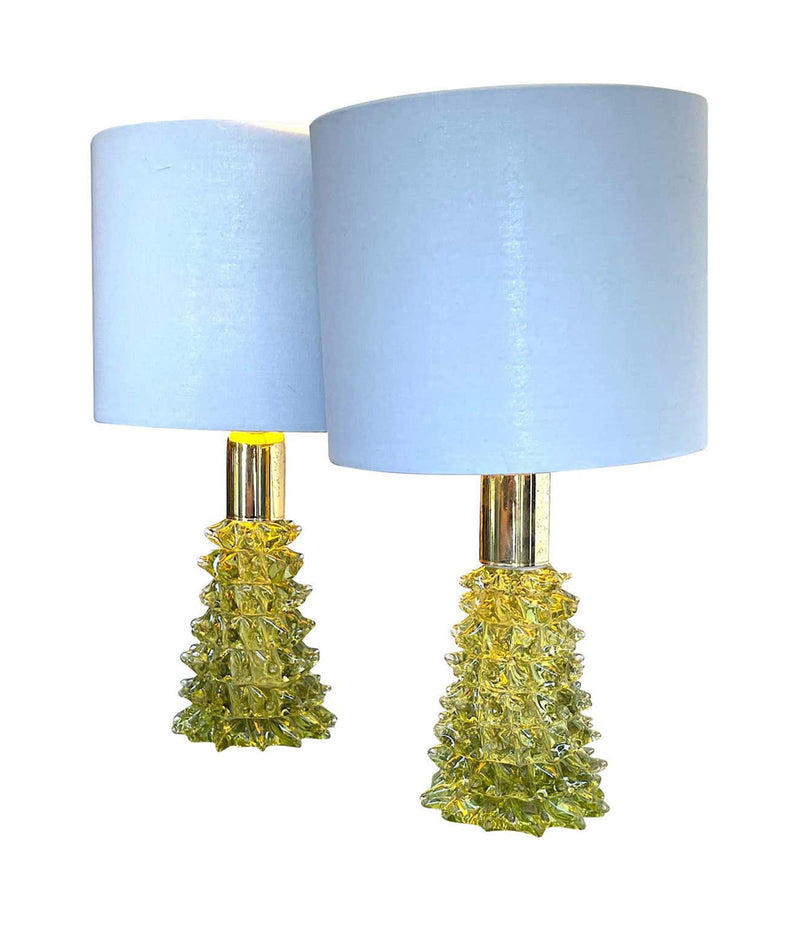 RARE PAIR OF BAROVIER & TOSO GREEN ROSTRATO GLASS LAMPS WITH BRASS FITTINGS