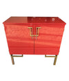 RED LACQUERED, 1970S BAR CABINET WITH BRASS CHINOISERIE DETAILING