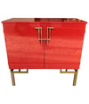 RED LACQUERED, 1970S BAR CABINET WITH BRASS CHINOISERIE DETAILING