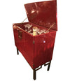 RED LACQUERED, 1970S BAR CABINET WITH BRASS CHINOISERIE DETAILING