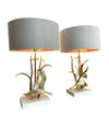 LOVELY PAIR OF 1970S BRASS FLYING DUCK LAMPS ON TRAVERTINE BASES BY L. GALEOTTI