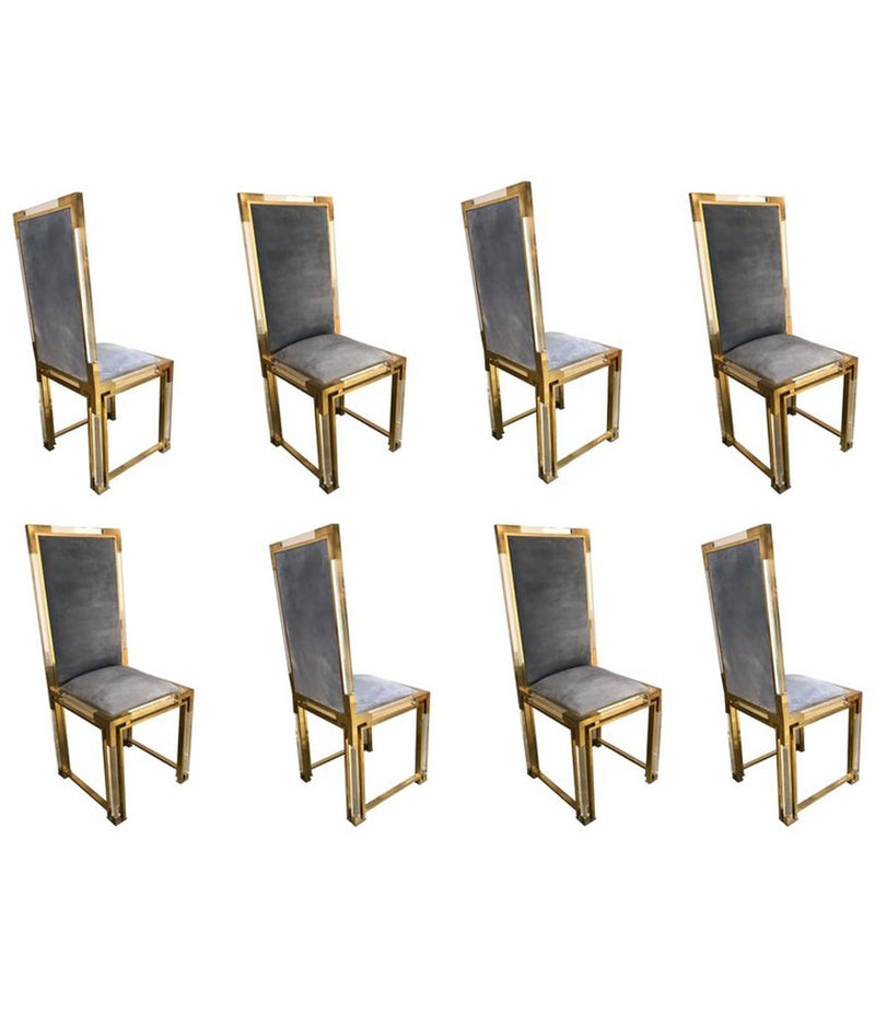 SET OF 8 ROMEO REGA LUCITE AND BRASS 1970S DINING CHAIRS