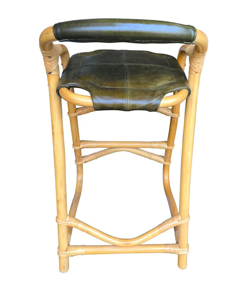 SET OF FOUR FRENCH RIVIERA BAMBOO BAR STOOLS WITH OLIVE GREEN LEATHER SEATS