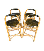 SET OF FOUR FRENCH RIVIERA BAMBOO BAR STOOLS WITH OLIVE GREEN LEATHER SEATS