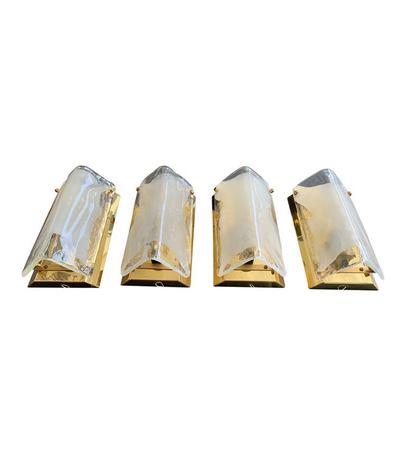 SET OF FOUR GLASS AND BRASS WALL SCONCES BY J T KALMAR