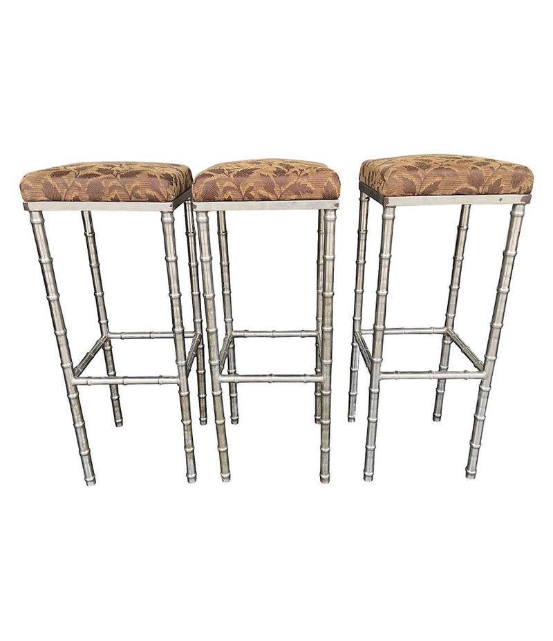 Set of 3 French 1960s Faux Bamboo Chrome Barstools - Mid Century Furniture - Ed Butcher Antiques