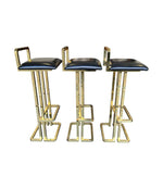 Set of 3 Maison Jansen style Gilt Metal Stools with Black Leather Seat Pads - Mid Century Furniture - Ed Butcher Antiques
