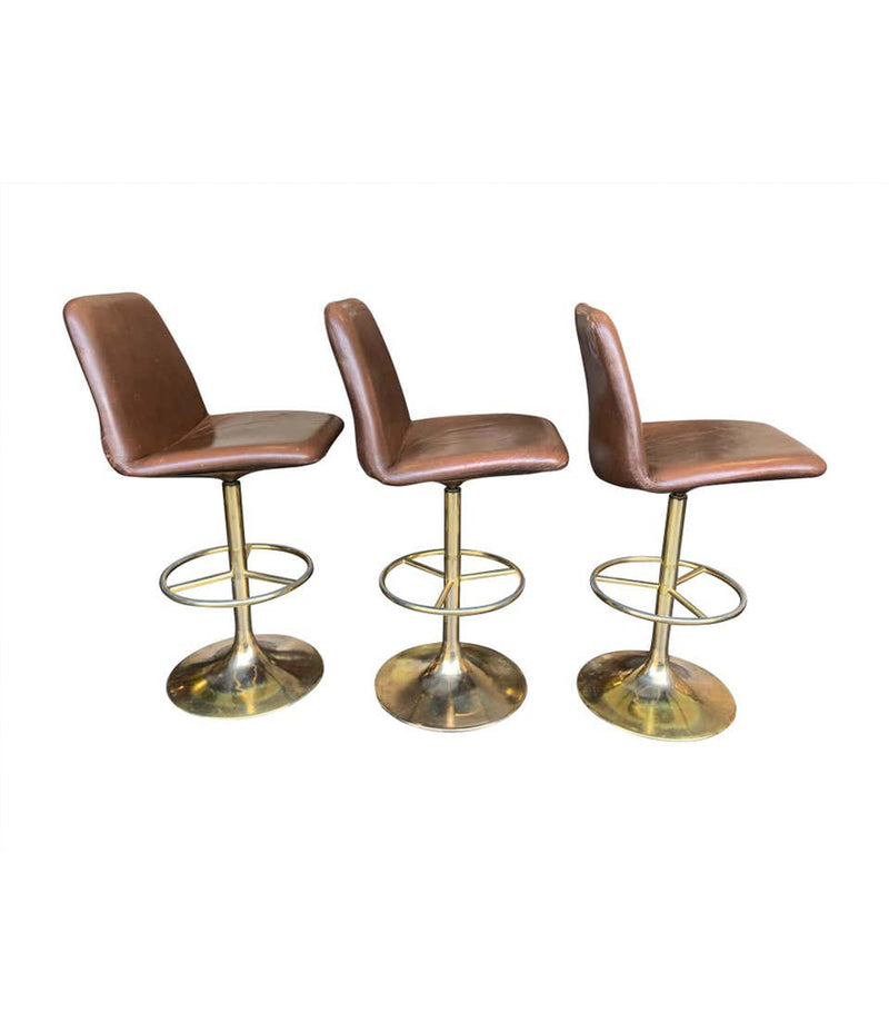 SET OF THREE 1970S SWIVEL BAR STOOLS BY JOHANSON DESIGN WITH GILT METAL BASES