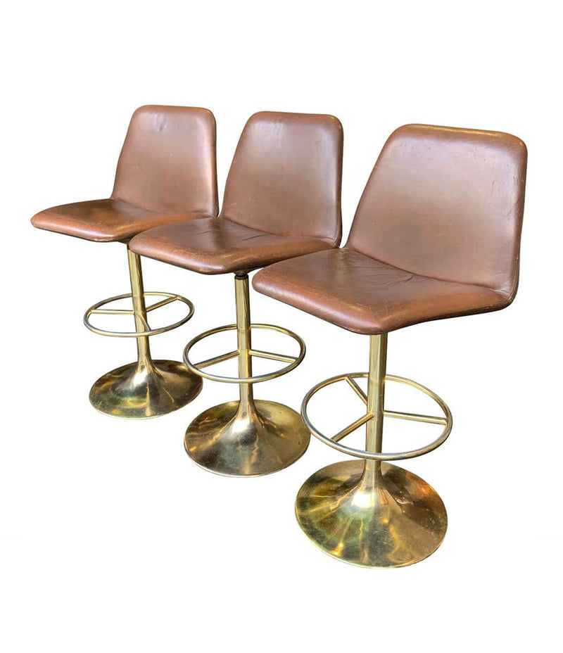 SET OF THREE 1970S SWIVEL BAR STOOLS BY JOHANSON DESIGN WITH GILT METAL BASES