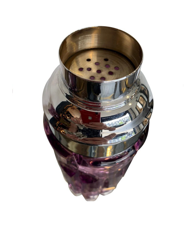 STUNNING CUT CRYSTAL COCKTAIL SHAKER WITH MATCHING ICE BUCKET IN PURPLE GLASS