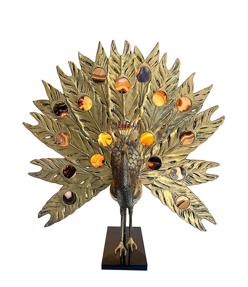 STUNNING RARE LARGE BRASS PEACOCK LAMP WITH AGATE BACKLIT TAIL BY FONDICA