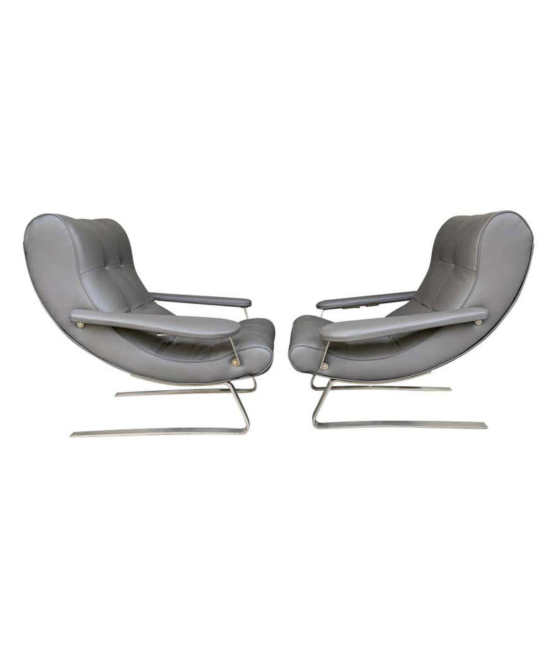 UNUSUAL PAIR OF ITALIAN 1970S CANTILEVERED ARMCHAIRS WITH BRUSHED METAL LEGS