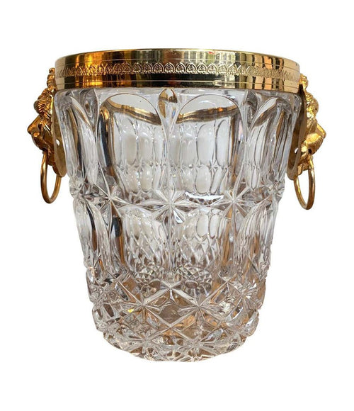 VAL SAINT LAMBERT CRYSTAL CHAMPAGNE BUCKET WITH GILT METAL LION HEAD HANDLES