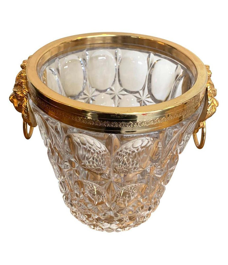 VAL SAINT LAMBERT CRYSTAL CHAMPAGNE BUCKET WITH GILT METAL LION HEAD HANDLES